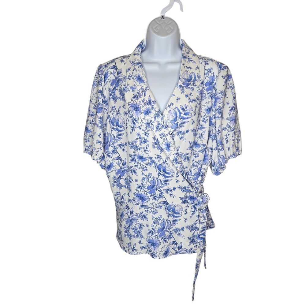 Violets & Roses Top 3X NWT Blue Floral Side Tie Wrap Blouse Short Puff Sleeve